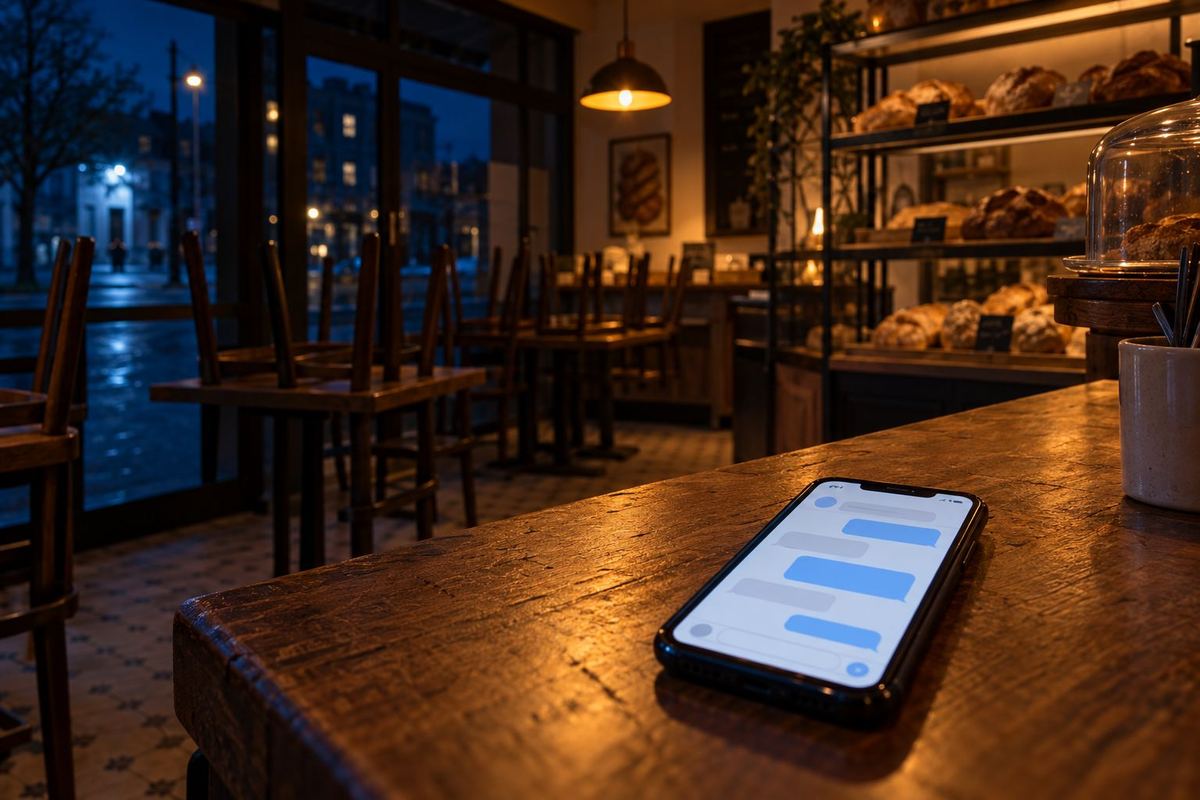 A bakery closed for the night, a phone on the counter lit up with a chat