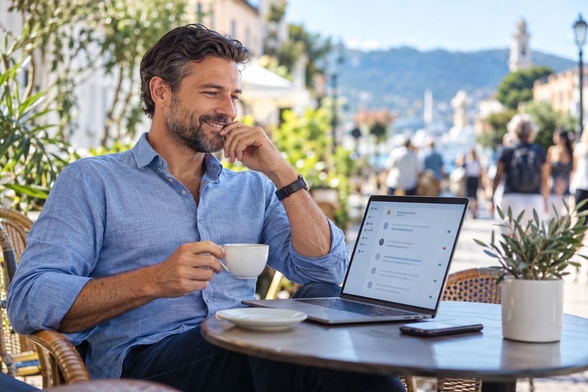 A business owner at an outdoor cafe, checking BizzMate on his laptop over tea