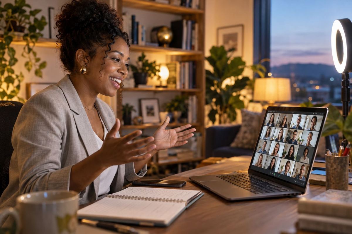 A coach running a live online workshop from her home studio, a full grid of participants on her laptop