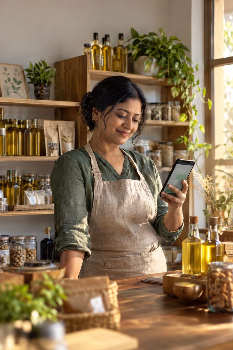 A shop owner behind her counter of cold-pressed oils, smiling at her phone